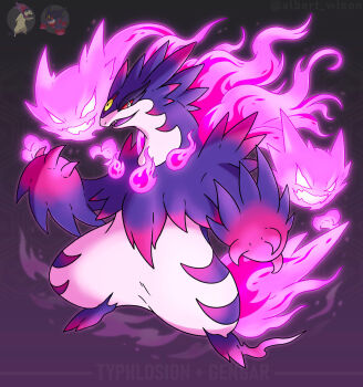 albrt-wlson character_name claws colored_sclera commentary english_commentary fangs fire full_body fusion gen_1_pokemon gengar haunter highres hisuian_typhlosion instagram_username mega_gengar mega_pokemon nintendo no_humans official_art_inset open_mouth pink_fire pokemon pokemon_(creature) pokemon_focus red_sclera reference_inset smile white_eyes