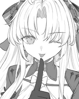 1girl absurdres ahoge carlotta_(wuthering_waves) collarbone finger_to_mouth gloves greyscale highres long_hair looking_at_viewer monochrome one_eye_closed parted_bangs sei_(karupiza1490208) shushing solo tongue tongue_out wuthering_waves