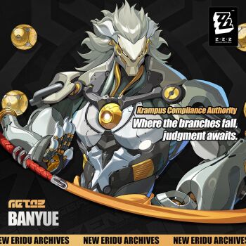 1boy artificial_eye banyue_(zenless_zone_zero) biceps black_background character_name claws clothes_around_waist commentary english_commentary english_text facing_viewer floating_ball grey_hair highres humanoid_robot long_hair looking_to_the_side male_focus mechanical_arms mechanical_eye mechanical_hands official_art orb robot robot_boy solo zenless_zone_zero