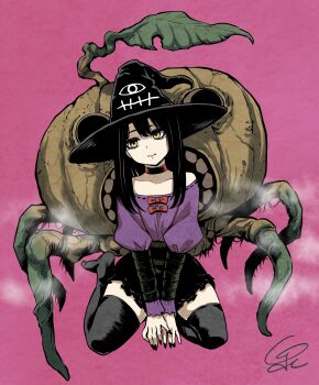 1girl absurdres bandaged_wrist bandages between_legs black_hair black_nails black_skirt black_thighhighs bow choker creature hand_between_legs hat high-waist_skirt highres izumi_(toubun_kata) long_hair looking_at_viewer mieruko-chan off-shoulder_shirt off_shoulder pink_background purple_shirt red_bow red_choker shirt signature simple_background sitting skirt solo textless_version thighhighs wariza witch_hat yellow_eyes yotsuya_miko