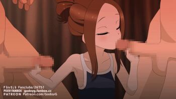 1girl 2boys animated animated_gif blush brown_hair censored closed_eyes clothed_female_nude_male double_handjob fanbox_username felipe_godoy fellatio group_sex handjob head_out_of_frame hetero karakai_jouzu_no_takagi-san loli long_hair mmf_threesome mosaic_censoring multiple_boys nude oral patreon_username penis solo_focus swimsuit takagi-san testicles threesome watermark web_address