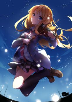 Rule 34 | 1girl, black socks, blazer, blonde hair, blue eyes, blush, bow (music), breasts, brown shoes, buttons, closed mouth, collared shirt, commentary request, diagonal-striped clothes, diagonal-striped necktie, fireflies, full body, grey jacket, grey skirt, highres, holding, holding bow (music), holding instrument, holding violin, instrument, jacket, jumping, kneehighs, loafers, long hair, long sleeves, looking at viewer, medium breasts, miniskirt, miyazono kawori, music, necktie, night, open clothes, open jacket, outdoors, painttool sai (medium), playing instrument, pleated skirt, red necktie, school uniform, shigatsu wa kimi no uso, shirt, shoes, skirt, sky, smile, socks, solo, striped clothes, teeth (artist), violin, white shirt
