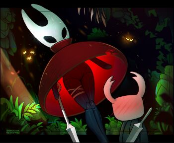 1girl 1other arthropod_girl artist_name black_border black_eyes black_skin blank_eyes blush border brother_and_sister cloak colored_skin commentary dutch_angle facing_away fireflies forest from_below furry furry_female glowing groin half-siblings high_collar holding holding_weapon hollow_knight hornet_(hollow_knight) joints knight_(hollow_knight) legs legs_together nail_(hollow_knight) nature needle_(hollow_knight) night no_pussy outdoors outside_border patreon_username red_cloak rezodwel siblings standing thigh_strap torn_cloak torn_clothes tree upskirt watermark weapon weapon_on_back