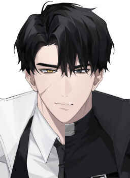 1boy absurdres black_coat black_eyes black_hair black_necktie black_shirt black_vest coat collared_shirt curtained_hair dual_persona hair_between_eyes heterochromia highres looking_at_viewer multicolored_coat narrowed_eyes necktie omniscient_reader's_viewpoint popped_collar scar scar_on_face secretive_plotter shirt short_hair split_screen straight-on tanppopo9 two-tone_coat vest white_coat white_shirt yellow_eyes yoo_joonghyuk