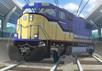 absurdres blue_sky cloud cloudy_sky day diesel_locomotive grass highres locomotive meme mountain multi-track_drifting_(meme) no_humans outdoors poorunii railroad_tracks sky train vehicle_focus