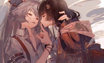 2girls :< :p ahoge anger_vein angry arm_around_neck arm_belt artist_name black_hair blunt_bangs blush bracelet brown_eyes buckle closed_eyes closed_mouth collared_shirt commentary_request duplicate eye_contact fingernails fujiwara_no_mokou grey_background grey_hair grey_shirt hand_in_another's_hair head_tilt heart high_ponytail holding_another's_hair houraisan_kaguya japanese_clothes jewelry kawacy kimono long_hair looking_at_another middle_finger multiple_girls ponytail profile red_eyes red_kimono see-through_clothes shawl shirt short_sleeves smug suspenders tongue tongue_out touhou upper_body v-shaped_eyebrows very_long_hair wing_collar wristband yuri