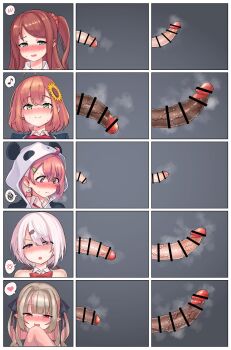 5futa absurdres ahoge akabane_youko akkgsyk anger_vein animal_hood bar_censor blush brown_hair censored chart closed_mouth comparison erection flaccid flower foreskin futanari green_eyes grey_background hair_between_eyes hair_flower hair_ornament hair_scrunchie hairclip heart highres honma_himawari hood hood_up large_penis long_hair looking_at_viewer makaino_ririmu makaino_ririmu_(4th_costume) medium_penis multiple_futa musical_note nijisanji nose_blush open_mouth panda_hood penis penis_chart penis_comparison penis_size_comparison penis_size_difference phimosis pink_hair pointy_ears purple_eyes red_eyes sasaki_saku sasaki_saku_(1st_costume) scrunchie shiina_yuika short_hair small_penis smile spoken_anger_vein spoken_blush spoken_heart spoken_musical_note spoken_squiggle squiggle sunflower tearing_up veins veiny_penis virtual_youtuber white_hair