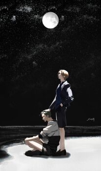 2boys absurdres alternate_costume beach black_shorts blonde_hair collared_shirt commentary_request curly_eyebrows facial_hair from_side full_body full_moon goatee green_hair hair_over_one_eye headpat highres kotomine_(a1569) looking_up loose_necktie male_focus moon motion_lines multiple_boys necktie night night_sky one_piece roronoa_zoro sand sanji_(one_piece) scar scar_across_eye scar_on_face shirt short_hair shorts sky star_(sky) starry_sky
