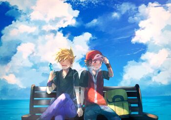 Rule 34 | 2boys, backpack, bag, bench, black shirt, blonde hair, blue oak, brown hair, closed eyes, cloud, commentary request, day, hat, highres, holding, holding hands, male focus, multiple boys, nintendo, open mouth, outdoors, pants, pokemon, pokemon frlg, purple pants, red (pokemon), red hat, red vest, shirt, shiruko (s1ruko), short hair, short sleeves, sitting, sky, t-shirt, unworn backpack, unworn bag, vest, wristband, yaoi