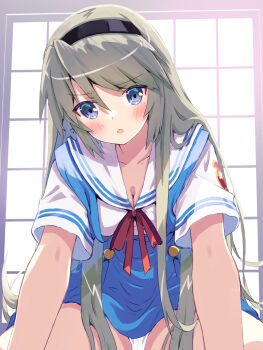 Rule 34 | 1girl, :o, akayama yukihe, backlighting, black hairband, blue eyes, blue skirt, blush, buttons, clannad, commentary, double-breasted, eyes visible through hair, frown, grey hair, hair between eyes, hair over shoulder, hair spread out, hairband, high-waist skirt, highres, hikarizaka private high school uniform, indoors, leaning forward, long hair, looking at viewer, open mouth, panties, panty peek, red ribbon, ribbon, sailor collar, sakagami tomoyo, school uniform, serafuku, shirt, short sleeves, sitting, skirt, solo, straight-on, summer uniform, suspender skirt, suspenders, underwear, v-shaped eyebrows, very long hair, white panties, white sailor collar, white shirt