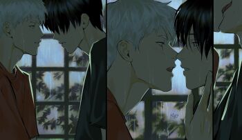 2boys adam's_apple artist_name black_eyes black_hair black_shirt blush french_kiss from_side highres hikaru_ga_shinda_natsu incoming_kiss indou_hikaru kiss ky_69 male_focus mole mole_on_cheek mole_under_mouth multiple_boys multiple_moles open_mouth rain red_eyes red_shirt shirt short_hair teeth tongue tsujinaka_yoshiki upper_body upper_teeth_only wet wet_hair white_hair yaoi