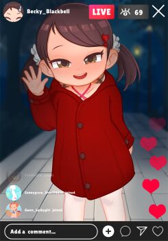 1girl arm_at_side becky_blackbell bikini brown_eyes brown_hair character_name chat_log coat collarbone eyelashes feet_out_of_frame female_focus hand_up instagram large_variant_set livestream loli long_sleeves looking_at_viewer low_twintails matching_hair/eyes medium_hair night open_mouth oscarlllll outdoors pink_bikini red_coat short_twintails smile solo spy_x_family standing swimsuit teeth thighhighs twintails upper_teeth_only variant_set white_thighhighs