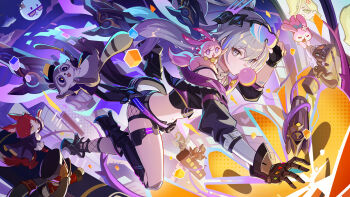 1girl abstract_background absurdres adjusting_eyewear anger_vein animal animal_on_shoulder animalization astral_express_(honkai:_star_rail) asymmetrical_footwear black_boots black_gloves black_jacket black_shorts blowing_bubble_gum boots chewing_gum commentary_request cropped_jacket dan_heng_(honkai:_star_rail) dan_heng_(woof_woof_dan)_(honkai:_star_rail) dog evanescia_(honkai:_star_rail) fingerless_gloves fishnets fox fulwish_(honkai:_star_rail) gloves grey_eyes grey_hair hair_between_eyes hand_up high_heel_boots high_heels highres himeko_(himekat)_(honkai:_star_rail) himeko_(honkai:_star_rail) honkai:_star_rail honkai_(series) jacket long_hair looking_at_viewer march_7th_(honkai:_star_rail) march_7th_(march_bunny)_(honkai:_star_rail) midriff moon navel purple-tinted_eyewear rabbit raccoon rx-c short_shorts shorts silver_wolf_(honkai:_star_rail) silver_wolf_(lv.999)_(honkai:_star_rail) single_fingerless_glove single_thigh_boot solo sunday_(honkai:_star_rail) sunday_(sundove)_(honkai:_star_rail) thigh_boots tinted_eyewear trailblazer_(baseball_raccoon)_(honkai:_star_rail) trailblazer_(honkai:_star_rail) train very_long_hair welt_yang welt_yang_(fluffy)