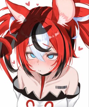 1girl animal_ear_fluff animal_ears barcode barcode_tattoo black_hair black_streaks blank_eyes blue_eyes blush breasts cheek_bulge collarbone commentary double-parted_bangs drooling english_commentary full_mouth hair_between_eyes hakos_baelz hakos_baelz_(1st_costume) headpat heart highres hololive hololive_english large_breasts lucien_000298 mouse_ears mouse_tail multicolored_hair red_hair sexually_suggestive silhouette sweatdrop tail tail_around_arm tail_wrap tattoo twintails uneven_twintails virtual_youtuber white_background white_hair