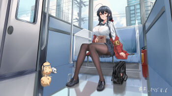 1girl absurdres ahoge armband azur_lane black_bag black_bow black_bowtie black_hair black_shoes black_skirt bow bowtie bra_visible_through_clothes brown_pantyhose button_gap character_charm charm_(object) cityscape cloud cloudy_sky collared_shirt commentary dated fire_extinguisher full_body hair_between_eyes hair_ribbon highres hk-liehuo honolulu_(azur_lane) honolulu_(umbrella_girl)_(azur_lane) huge_ahoge jacket long_hair long_sleeves looking_at_viewer manjuu_(azur_lane) miniskirt official_alternate_costume open_clothes open_jacket pantyhose partially_unbuttoned pleated_skirt power_lines red_jacket red_ribbon reflection ribbon school_uniform shirt shirt_tucked_in shoes sitting skirt sky solo taihou_(azur_lane) taihou_(sweet_time_after_school)_(azur_lane) thighband_pantyhose utility_pole very_long_hair white_shirt yellow_armband