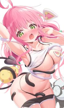 &gt;_&lt; 1girl absurdres ahoge arm_up armpits azur_lane baby_animal bird black_panties black_shorts blush breasts chick collarbone covered_erect_nipples crop_top demon_girl demon_tail dolphin_shorts green_eyes grinding hair_intakes heart heart_tail highres humo lala_satalin_deviluke lala_satalin_deviluke_(a_princess_imprisoned) large_breasts long_hair low_twintails manjuu_(azur_lane) mechanical_tentacles navel open_mouth panties pink_hair shorts stomach tail tentacles to_love-ru twintails underwear