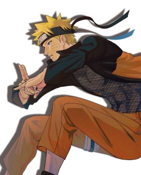 Rule 34 | 1boy, black headband, black shoes, blonde hair, blue eyes, covered abs, facial mark, feet out of frame, fishnet top, fishnets, gon012607, headband, highres, jacket, jumping, jumpsuit, male focus, naruto (series), ninjutsu, open clothes, open jacket, orange jacket, orange jumpsuit, orange pants, own hands together, pants, parted lips, shoes, short hair, solo, spiked hair, uzumaki naruto, whisker markings, white background