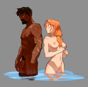 Rule 34 | 1boy, 1girl, alex (minecraft), antwolph, beard, blush, breasts, casual nudity, dark-skinned male, dark skin, facial hair, looking at another, medium breasts, nude, pubic hair, scar, scars all over, steve (minecraft), too many, water