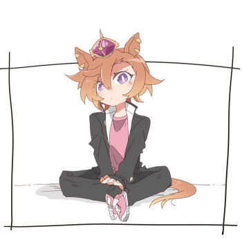 1girl animal_ears beer_hsk black_jacket black_pants brown_hair closed_mouth commentary_request crown hair_between_eyes horse_ears horse_girl horse_tail jacket looking_at_viewer mini_crown open_clothes open_jacket pants pink_shirt pink_shoes purple_eyes shirt shoes sitting solo t.m._opera_o_(umamusume) tail umamusume white_background