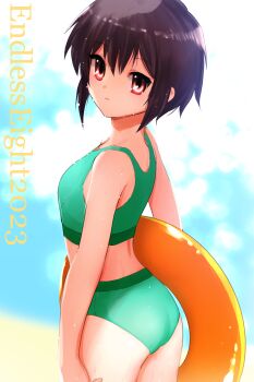 Rule 34 | 1girl, 2023, ass, bikini, closed mouth, endless eight, expressionless, from behind, green bikini, hair between eyes, highres, holding, holding swim ring, innertube, looking at viewer, looking to the side, nagato yuki, purple eyes, purple hair, short hair, solo, standing, suzumiya haruhi no yuuutsu, swim ring, swimsuit, tanaka yutaka