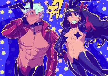Rule 34 | 1boy, 1girl, :3, abs, absurdres, animal ears, archer (fate), arm behind head, arm up, bare pectorals, black bodysuit, black gloves, black hair, black hiphighs, black sleeves, black wrist cuffs, blue background, blush, bodysuit, bow, breasts, breasts out, buttons, cat, chibi, collar, collarbone, earrings, fang, fate/grand order, fate (series), female pubic hair, furrowed brow, gloves, hair slicked back, hand on own hip, heart, heart maebari, highres, hiphighs, hoop earrings, ishtar (fate), jewelry, latex, latex bodysuit, long hair, looking at viewer, maebari, male focus, male pubic hair, navel, nervous, nipples, one eye closed, outline, pasties, pectorals, pointing, pointing at viewer, pubic hair, pubic hair peek, rabbit ears, red bodysuit, red bow, red collar, red gloves, red sleeves, red wrist cuffs, revealing clothes, reverse bunnysuit, reverse outfit, shadow, short hair, smile, spiked hair, star (symbol), star pasties, sweat, twintails, vincent-san, white hair, wrist cuffs, yellow cat, yellow outline, yellow pupils