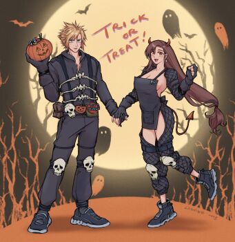 1boy 1girl apron badge bat_(animal) black_apron black_gloves black_hair black_jacket black_pants blonde_hair blue_eyes breasts brown_hair button_badge caiman_(dorohedoro) caiman_(dorohedoro)_(cosplay) cleavage cloud_strife cosplay demon_horns demon_tail detached_sleeves dorohedoro earrings final_fantasy final_fantasy_vii final_fantasy_vii_remake fingerless_gloves full_body full_moon ghost gloves halloween halloween_bucket halloween_costume highres holding_hands horns jacket jewelry large_breasts linono long_hair looking_at_viewer low-tied_long_hair mixed-language_commentary moon naked_apron nikaidou_(dorohedoro) nikaidou_(dorohedoro)_(cosplay) open_mouth pants parted_lips pumpkin red_eyes red_horns shoes short_hair sideboob signature skull smile sneakers spiked_hair standing standing_on_one_leg tail tifa_lockhart trick_or_treat