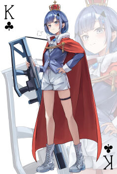 Rule 34 | 1girl, absurdres, alternate costume, blue hair, blush, boots, cape, closed mouth, club (shape), commentary request, crown, full body, grey boots, grey eyes, gun, hair ornament, highres, looking at viewer, medium hair, puff of air, red cape, sakahana, shirt, shorts, solo, standing, thigh strap, tsumugi kokage, virtual youtuber, vspo!, weapon, white shirt, white shorts, zoom layer