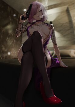 0odrosselo0 1girl arm_tattoo black_thighhighs breasts cigarette crossed_legs dress fate/grand_order fate_(series) gun hair_over_one_eye handgun high_heels highres holding holding_gun holding_weapon linked_piercing looking_at_viewer mash_kyrielight medium_breasts nipple_chain nipple_piercing nipple_slip nipples out_of_character piercing pink_hair purple_dress short_hair sitting smoking solo tattoo thighhighs weapon