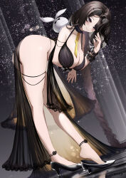 Rule 34 | 1girl, absurdres, ankle strap, arm under breasts, ass, bent over, black dress, black footwear, blush, breasts, brown dust 2, brown eyes, brown hair, cleavage, diana (brown dust), dress, eyewear on head, feet, full body, hair over one eye, high heels, highres, kainines, large breasts, leaning forward, legs, lips, long hair, looking at viewer, multiple bracelets, revealing clothes, round eyewear, signature, smile, solo, tiptoes, twing glutti, very long hair