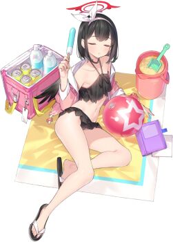 1girl :< arm_support ball bare_shoulders beach_towel beachball bikini black_bikini black_choker black_hair black_sandals blue_archive blush bob_cut book bottle bucket can choker closed_eyes closed_mouth collarbone cooler double-parted_bangs drawstring drink_can facing_viewer feet female_focus flat_chest frilled_bikini frills from_above full_body game_asset hairband halo halterneck hand_up holding_food holding_popsicle jacket large_variant_set legs long_sleeves lying mashiro_(blue_archive) mashiro_(swimsuit)_(blue_archive) navel off_shoulder official_art on_side open_clothes open_jacket pink_jacket popqn popsicle red_halo sand sandals short_hair sidelocks soda_can solo spade stomach swimsuit tachi-e thighs third-party_source towel transparent_background u_u variant_set white_hairband