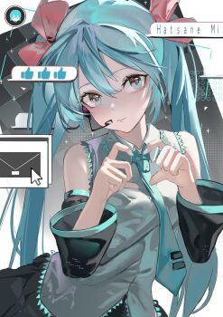1girl absurdres aqua_eyes aqua_hair aqua_nails aqua_necktie aqua_trim blush breasts character_name chinese_commentary closed_mouth collared_shirt commentary detached_sleeves fingernails four-finger_heart_hands grey_shirt hair_between_eyes hair_ornament hatsune_miku headset heart heart_hands highres long_hair long_sleeves medium_breasts nail_polish necktie shirt smile solo twintails upper_body very_long_hair vocaloid water_moon