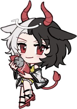 1girl animal_ears animal_print blush chibi chibi_only closed_mouth cow_ears cow_girl cow_horns cow_print cow_tail full_body haori horns japanese_clothes looking_at_viewer mirei_(miirei) mismatched_animal_ear_colors multicolored_hair red_eyes red_horns red_sandals red_tail sandals shorts simple_background smile solo split-color_hair standing statue tail tank_top touhou transparent_background ushizaki_urumi yellow_shorts yellow_tank_top
