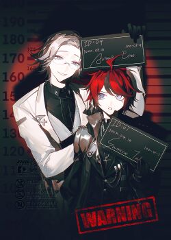 Rule 34 | 2boys, absurdres, ahoge, aizendai, alternate costume, aotsuki eito, black gloves, black hair, black jacket, black shirt, blue eyes, character name, chinese commentary, collared shirt, commentary request, english text, eyelashes, glasses, gloves, grey hair, grey vest, height mark, highres, holding, holding sign, jacket, lapels, long sleeves, male focus, mugshot, multicolored hair, multiple boys, notched lapels, open mouth, red hair, sanpaku, shirt, short hair, sign, streaked hair, sumino takumi, the hundred line -last defense academy-, tsurime, two-tone hair, vest, watermark, white jacket