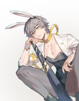 Rule 34 | 1boy, 1girl, alternate costume, animal ear hairband, animal ears, arm ribbon, baseball bat, black boots, black hairband, black leotard, boots, caelus (honkai: star rail), closed mouth, collarbone, commentary, crossdressing, crossdressing (mtf), fake animal ears, feet out of frame, grey hair, grey pantyhose, hair between eyes, hairband, hand up, highres, holding, holding baseball bat, honkai: star rail, honkai (series), lapels, leotard, long sleeves, looking to the side, male focus, mealove1218, open clothes, open shirt, pantyhose, pectorals, playboy bunny, rabbit ear hairband, rabbit ears, ribbon, scar, shirt, short hair, simple background, solo, squatting, strapless, strapless leotard, trailblazer (honkai: star rail), untranslatable commentary, white background, white shirt, wrist cuffs, yellow eyes