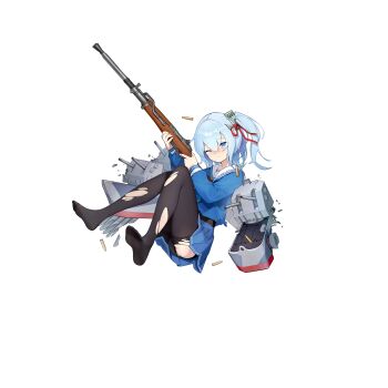 1girl artist_request autocannon black_pantyhose blue_eyes blue_hair blue_serafuku blue_shirt blue_skirt blush bofors_40_mm_gun cannon casing_ejection closed_mouth crotch_seam finger_on_trigger full_body gun gusset hair_between_eyes hair_ribbon highres holding holding_gun holding_weapon hugh_w._hadley_(warship_girls_r) long_sleeves looking_at_viewer m1_garand no_shoes official_art one_eye_closed panties panties_under_pantyhose pantyhose red_ribbon ribbon rifle rigging school_uniform serafuku shell_casing ship_turret shirt side_ponytail skirt solo torn_clothes torn_pantyhose transparent_background underwear warship_girls_r weapon