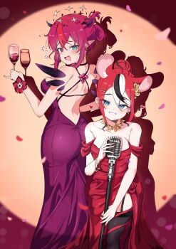 2girls :d absurdres alcohol animal_ears ass backless_dress backless_outfit bare_shoulders black_horns black_streaks black_thighhighs blue_eyes bracelet breasts butt_crack cafelittle commentary crystal_wings cup detached_wings double_halo dress drinking_glass earrings extra_ears garter_straps grin hair_between_eyes hair_bun hakos_baelz halo heterochromia highres holding holding_cup holding_microphone hololive hololive_english horns irys_(hololive) jewelry leaning_forward looking_at_viewer median_furrow medium_breasts microphone mouse_ears mouse_girl multicolored_hair multiple_girls necklace off-shoulder_dress off_shoulder open_mouth pointy_ears purple_dress purple_eyes purple_hair red_dress red_hair red_streaks red_wine shoulder_blades side_slit single_hair_bun sleeveless sleeveless_dress smile spotlight star-shaped_pupils star_(symbol) star_halo streaked_hair symbol-shaped_pupils thighhighs virtual_youtuber white_streaks wine wine_glass wings