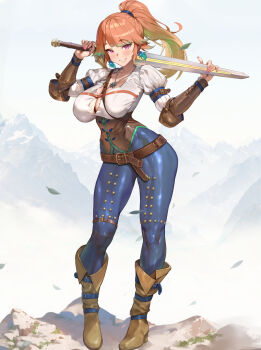 1girl alternate_costume belt breasts commission earrings feather_earrings feathers gradient_hair high_ponytail highres holding holding_sword holding_weapon hololive hololive_english jewelry large_breasts leaf long_hair looking_at_viewer maro2ki3 multicolored_hair orange_hair ponytail purple_eyes simple_background skin_tight smile solo sword takanashi_kiara the_witcher_(series) virtual_youtuber weapon white_background witcher_medallion