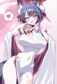 1girl absurdres animal_ears black_hair blue_archive blush breasts china_dress chinese_clothes covered_navel dress finger_heart floral_print fox_ears fox_girl fox_tail halo heart heart_hands highres large_breasts looking_at_viewer naval_cat_holiday no_panties print_dress red_halo short_sleeves side_slit smile solo tail wakamo_(blue_archive) yellow_eyes