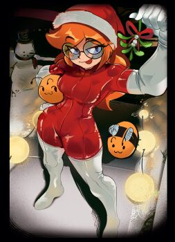 bee ben_sadfleck bodysuit boots bug commission elbow_gloves freckles glasses gloves insect latex latex_bodysuit latex_boots latex_gloves mistletoe original red_hair siri_jay snowman winter