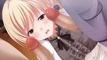 1girl 2boys blonde_hair blush censored game_cg guilty highres imminent_fellatio mosaic_censoring multiple_boys penis penis_on_face toriko_no_(series) toriko_no_kizuna_~ubawareta_gakuen_ni_hibiku_shojo_no_aegi~ wooden_floor yellow_eyes