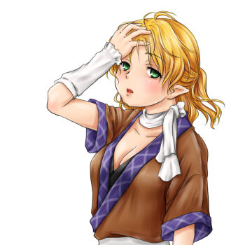 1girl arm_warmers black_shirt blonde_hair blush breasts brown_shirt cleavage commentary_request green_eyes hand_on_own_head kanro-candy looking_at_viewer medium_breasts mizuhashi_parsee open_mouth pointy_ears scarf shirt short_hair short_sleeves simple_background solo touhou undershirt upper_body white_background white_scarf