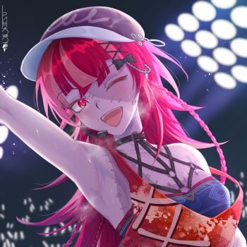 Rule 34 | 1girl, armpits, baseball cap, black bow, bow, braid, breasts, colored skin, commentary, grey skin, hair bow, hat, highres, hololive, hololive indonesia, kureiji ollie, long hair, multicolored hair, one eye closed, open mouth, pawz212, pink hair, red eyes, red hair, small breasts, smile, solo, stitched face, stitched torso, stitches, streaked hair, teeth, upper body, upper teeth only, virtual youtuber