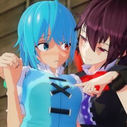 2girls 3d animated black_hair blue_eyes blue_hair blurry blurry_background blush breasts grabbing_another&#039;s_breast groping heterochromia houjuu_nue large_breasts looking_at_another lowres mikumikudance_(medium) mofumoko5 multiple_girls outdoors red_eyes tagme tatara_kogasa teasing touhou video wings wooden_wall yuri