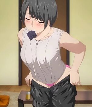 1girl alcohol beer beer_can can closed_eyes condom condom_in_mouth drink_can drunk jewelry mouth_hold necklace panties pants pink_panties short_hair skirt solo underwear unworn_pants uwaki_to_honki