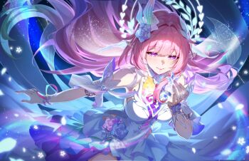 1girl absurdres armlet bare_shoulders breasts closed_mouth commentary cyrene_(honkai:_star_rail) cyrene_(ripples_of_past_reverie)_(honkai:_star_rail) diamond-shaped_pupils diamond_(shape) dress fingernails flower hair_flower hair_ornament hand_up highres honkai:_star_rail honkai_(series) jewelry large_breasts long_hair looking_at_object mihan_(mihan_art) nail_polish pink_hair pink_nails purple_eyes purple_flower purple_rose ring rose sidelocks smile solo symbol-shaped_pupils very_long_hair white_dress