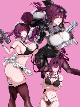 Rule 34 | 1girl, bikini, black bikini, breasts, brown thighhighs, cleavage, commentary request, crossed arms, eyewear on head, gloves, gun, highres, holding, holding gun, holding weapon, honkai: star rail, honkai (series), kafka (honkai: star rail), maid headdress, multiple views, pink background, purple eyes, purple gloves, purple hair, saint laurent paris, swimsuit, thighhighs, weapon