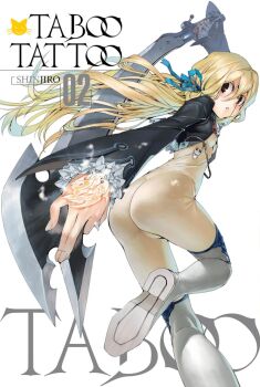 1girl absurdres arm_tattoo ass ass_focus black_jacket blonde_hair blue_bow blue_ribbon blush bodysuit boots bow breasts colorized cover cover_page covered_erect_nipples cropped_jacket english_text female_focus hair_bow hair_ribbon highres holding holding_sword holding_weapon iltutmish jacket juliet_sleeves loli long_hair long_sleeves looking_at_viewer looking_back manga_illustration manga_page official_art puffy_sleeves red_eyes ribbon sexually_suggestive shinjirou skin_tight small_breasts solo solo_focus sword taboo_tattoo tattoo thigh_boots tight_clothes translated weapon white_bodysuit white_boots