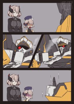 2girls armband artist_name artist_self-insert azur_lane beret black_jacket blonde_hair breasts buttons closed_eyes closed_mouth coffee coffee_mug collared_shirt comic commander_(azur_lane) cross cup disgust double-breasted grey_background hair_between_eyes hat headgear highres iron_cross jacket kreuzer_00 large_breasts long_sleeves mecha mug multicolored_hair multiple_girls own_hands_together robot roon_(azur_lane) shaded_face shirt sidelocks silent_comic simple_background surprised thumbs_up z23_(azur_lane)