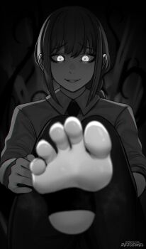 1girl artist_name blurry blurry_background braid braided_ponytail chainsaw_man collared_shirt evil_eyes evil_grin evil_smile feet foot_focus foot_out_of_frame foot_up foreshortening glowing glowing_eyes greyscale grin highres knees_together_feet_apart knees_up long_hair long_sleeves looking_at_viewer makima_(chainsaw_man) monochrome necktie no_shoes presenting_foot rezodwel ringed_eyes shirt sidelocks sitting smile soles solo stirrup_legwear toeless_legwear toenails toes watermark web_address