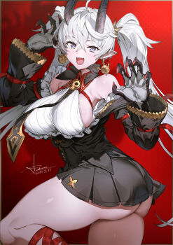 ass bare_shoulders black_skirt breasts claws commentary crossed_bangs double-parted_bangs dragon_girl dragon_horns earrings english_commentary fangs grey_eyes grey_hair hair_between_eyes halter_shirt halterneck highres horns jewelry knee_up long_hair miniskirt off_shoulder original pleated_skirt pointy_ears red_background ribbed_shirt shirt sideboob sideless_shirt skirt standing standing_on_one_leg thick_thighs thighs toridamono twintails underbust very_long_hair white_shirt wide_sleeves